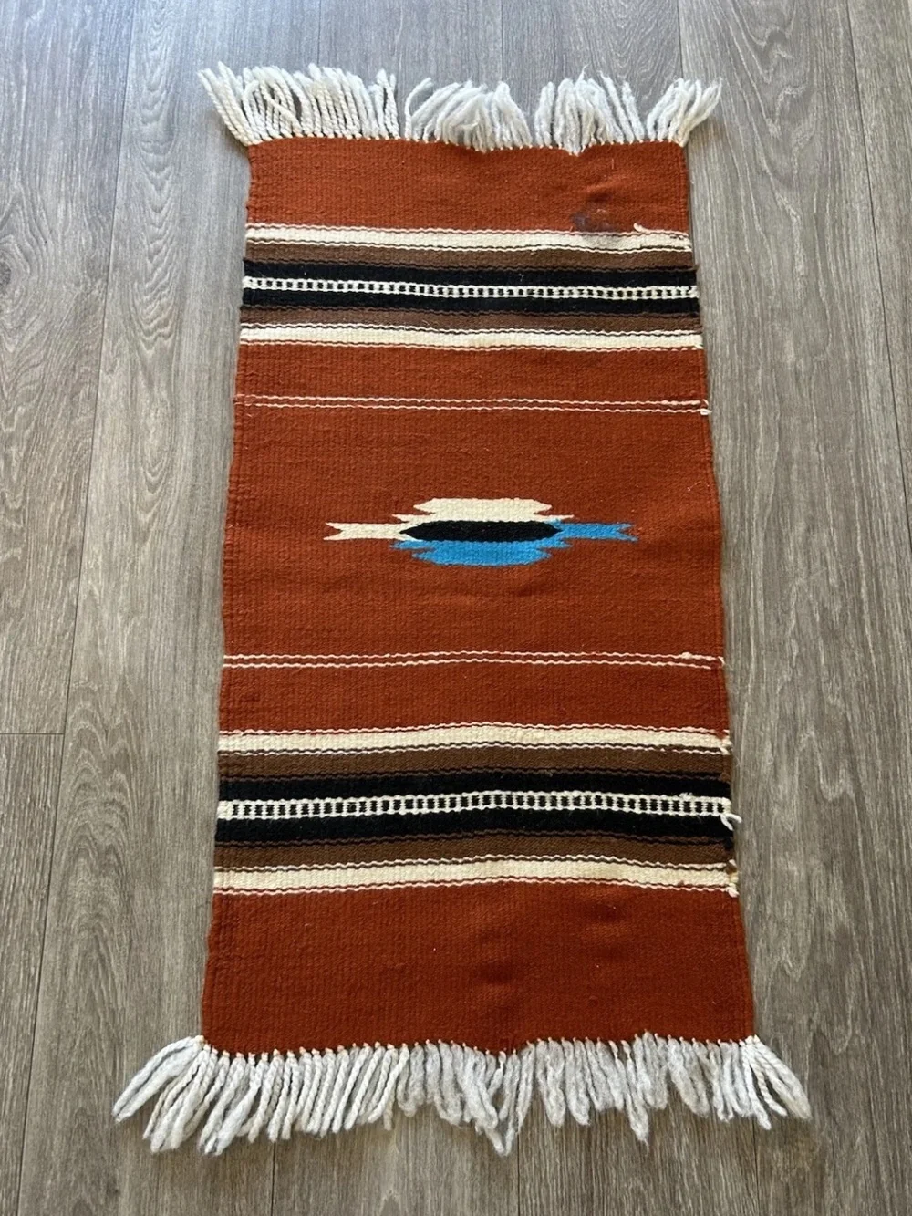 Vintage Handwoven Southwestern Wool Rug Mexican Style Rust Fringe 34.5x15.5